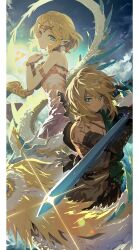 Rule 34 | 1boy, 1girl, absurdres, armlet, blonde hair, blue eyes, bracelet, closed mouth, cloud, dress, earrings, glint, green eyes, headpiece, highres, holding, holding sword, holding weapon, jewelry, jihecchi, light dragon (zelda), link, looking at viewer, medium hair, nintendo, pointy ears, princess zelda, sidelocks, sky, strapless, strapless dress, sword, the legend of zelda, the legend of zelda: tears of the kingdom, triforce, weapon, white dress