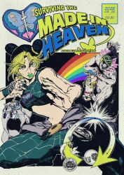 1girl 2girls absurdres bare_shoulders baseball_cap baseball_uniform bird black_hair black_pants blonde_hair blue_shoes breasts bug bun_with_braided_base butterfly commentary crop_top dated dolphin double_bun emporio_alnino english_commentary enrico_pucci fingernails flower green_eyes green_lips green_nails hair_bun hat highres insect jojo_no_kimyou_na_bouken kimeohandream kuujou_jolyne looking_at_viewer made_in_heaven_(stand) multicolored_hair multiple_girls nail_polish navel pants plant ponytail rainbow second-party_source shirt shoes shorts small_breasts sportswear stand_(jojo) stone_free stone_ocean string tan two-tone_hair western_comics_(style) white_hair white_shirt white_shorts
