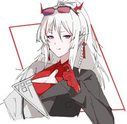 1girl :q arknights braid breasts cleavage cleavage_cutout closed_mouth clothing_cutout colored_extremities come_hither commentary cropped_torso dragon_girl dragon_horns eyewear_on_head hair_between_eyes hand_up horns long_sleeves looking_at_viewer medium_hair multicolored_hair nian_(arknights) nian_(thunderbolt_director)_(arknights) oekaki official_alternate_costume pink_eyes pointy_ears red_hair smile solo streaked_hair tongue tongue_out user_pwgg2547 white_background white_hair