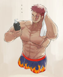 ... 1boy abs after_bathing bara beard_stubble boku_no_hero_academia bottle boxer_briefs bulge commentary_request cropped_legs drying drying_hair endeavor_(boku_no_hero_academia) facial_hair haku_(pixiv_98785262) highres holding holding_bottle large_pectorals male_focus male_underwear mature_male muscular muscular_male mustache_stubble navel navel_hair nipples pectorals red_hair scar scar_on_face short_hair simple_background soap_bottle solo stubble toothbrush toothbrush_in_mouth towel underwear