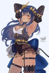 1girl armpits arms_behind_head back_bow belt black_sleeves black_thighhighs blue_bow blue_hair blush bow breasts brown_eyes brown_horns cleavage commentary_request cowboy_shot crossed_bangs demon_girl demon_horns demon_tail detached_sleeves earrings fang fishnet_thighhighs fishnets grey_background grey_corset highleg highleg_leotard highres horns jewelry large_breasts leotard leotard_under_clothes long_hair looking_at_viewer nanashi_inc. none_(fan_774) nose_blush o-ring o-ring_thigh_strap open_mouth shimamura_charlotte solo tail thigh_strap thighhighs virtual_youtuber yellow_belt