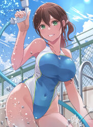 1girl blue_one-piece_swimsuit blue_sky breasts brown_eyes chain-link_fence cloud commentary_request commission competition_swimsuit covered_navel cowboy_shot day empty_pool fence green_eyes hair_between_eyes highleg highleg_one-piece_swimsuit highres hose hose_nozzle large_breasts low_ponytail nikulas_cage one-piece_swimsuit original outdoors parted_bangs pixiv_commission ponytail pool pool_ladder sky solo swimsuit two-tone_swimsuit