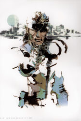 Rule 34 | 1boy, absurdres, aiming, arm at side, artbook, bandana, belt, belt pouch, bodysuit, brown hair, city, closed mouth, english text, facial hair, gun, handgun, headband, highres, holding, holding gun, holding weapon, long hair, male focus, metal gear (series), metal gear solid 2: sons of liberty, official art, pouch, scan, shinkawa youji, sideways glance, sneaking suit, solid snake, solo, suppressor, utility belt, weapon, white background