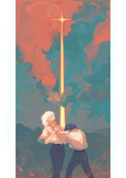 2boys absurdres black_hair black_pants blue_sky cloud cloudy_sky collared_shirt cropped_legs cross high-waist_pants highres ikari_shinji male_focus multicolored_sky multiple_boys nagisa_kaworu neon_genesis_evangelion pants pillarboxed red_sky shirt sky strangling white_hair white_shirt windsaor