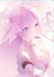 Rule 34 | 1girl, absurdres, bare shoulders, breasts, closed mouth, commentary, diamond-shaped pupils, diamond (shape), elysia (herrscher of human: ego) (honkai impact), elysia (honkai impact), esther 412, gloves, hair ornament, hand up, highres, honkai (series), honkai impact 3rd, large breasts, long hair, looking at viewer, pink hair, pink theme, purple eyes, smile, solo, symbol-shaped pupils, symbol in eye, triquetra, upper body, veil, very long hair, white gloves, white veil