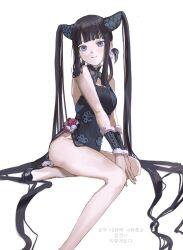1girl bare_shoulders black_dress black_hair blue_eyes breasts cherroppi dress fate/grand_order fate_(series) highres korean_text long_hair looking_at_viewer sitting small_breasts smile solo translation_request twintails very_long_hair yang_guifei_(fate)