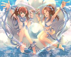 1boy 1girl anklet aqua_nails bead_anklet beads bikini blue_bow blue_eyes blue_nails blue_ribbon blue_sky bow breast_padding breasts brown_hair clam_shell cloud crossdressing drink earrings green_eyes hair_bow heart hinako_(talto) holding holding_drink idolmaster idolmaster_cinderella_girls idolmaster_side-m jewelry large_breasts long_hair male_with_breasts matsumoto_sarina mizushima_saki nail_polish ocean ponytail ribbon sailor_bikini sailor_collar sailor_swimsuit_(idolmaster) sky sparkle striped_bow striped_ribbon swimsuit trap twintails water white_bow white_ribbon
