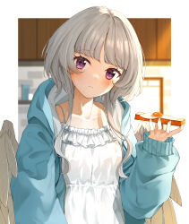 absurdres blue_hoodie camisole colored_inner_hair feathers grey_hair grey_wings hairband highres hood hood_down hoodie leggings low_wings multicolored_hair o_daizen re:act usuwa_suu virtual_youtuber white_camisole white_feathers white_wings wings