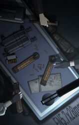 Rule 34 | 3girls, ammunition, ammunition box, ar-57 (girls&#039; frontline), bullet, cero (last2stage), fingerless gloves, fn 5.7x28mm, fn herstal, girls&#039; frontline, gloves, gun, handgun cartridge, high-capacity magazine, highres, holding, holding magazine (weapon), horizontal magazine, lamp, magazine (weapon), map, multiple girls, out of frame, p50 (girls&#039; frontline), p90 (girls&#039; frontline), pdw cartridge, pistol cartridge, shell casing, table, weapon