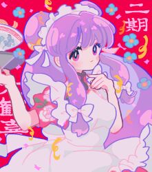 Rule 34 | 1girl, apron, border, bow, bowl, china dress, chinese clothes, double bun, dress, floral print, floral print dress, food, hair bow, hair bun, holding, long hair, print dress, purple eyes, purple hair, ranma 1/2, reed, shampoo (ranma 1/2), solo, white apron, white border