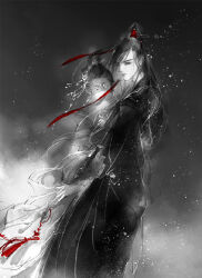 1boy 1girl black_eyes black_hair black_hanfu chinese_clothes closed_mouth dizi dress faux_traditional_media flower flute flute_tassel from_side ghost greyscale hair_bun hair_flower hair_ornament hair_ribbon hair_stick hand_fan hanfu high_ponytail holding holding_fan holding_flute holding_instrument ink_wash_painting instrument kcllzas163 light_particles long_hair long_sleeves looking_at_viewer male_focus modao_zushi monochrome ponytail red_ribbon ribbon robe shawl smile spot_color standing tassel third-party_source transverse_flute upper_body wei_wuxian wide_sleeves