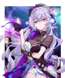1girl black_gloves blurry blurry_background breasts bronya_zaychik bronya_zaychik_(heart_of_the_night) bronya_zaychik_(silverwing:_n-ex) cleavage depth_of_field gloves grey_eyes grey_hair hair_between_eyes half_gloves hand_up highres honkai_(series) honkai_impact_3rd long_hair looking_at_viewer medium_breasts puffy_short_sleeves puffy_sleeves short_shorts short_sleeves shorts sin_(btc86amme) solo very_long_hair white_shorts