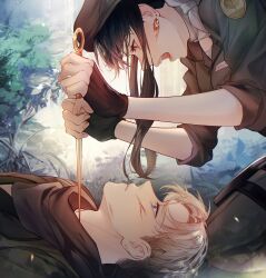 1boy 1girl black_hair blonde_hair blue_eyes breasts couple crying earrings gold_earrings hairband hetero highres husband_and_wife ideksams jewelry large_breasts long_hair long_sleeves open_mouth red_eyes shirt short_hair sidelocks spy_x_family teeth twilight_(spy_x_family) yor_briar