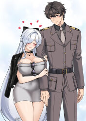 1boy 1girl black_choker black_jacket black_ribbon blush breasts brown_hair brown_pants brown_shirt choker cinderella_(beautiful_me)_(nikke) cinderella_(nikke) cleavage closed_eyes commander_(nikke) commentary dongtan_dress dress english_commentary fingernails goddess_of_victory:_nikke grabbing_another&#039;s_arm grey_dress grey_necktie hair_over_one_eye hair_ribbon heart height_difference highres hoshiberuu jacket jewelry long_fingernails long_hair long_sleeves looking_at_another male_focus meme_attire messy_hair military_uniform navel necklace necktie pants ribbon shirt short_hair smile sunglasses tight_clothes white_hair