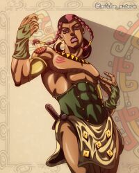 1boy abs araki_hirohiko_(style) arm_tattoo armband braid chest_tattoo commentary corset dark-skinned_male dark_skin english_commentary green_bridal_gauntlets green_corset highres jewelry jojo_no_kimyou_na_bouken knife loincloth makeup male_focus micho_azteca muscular muscular_male native_american necklace official_style parted_lips pelvic_curtain pink_eyes pink_hair pink_lips sandman_(sbr) solo steel_ball_run tattoo teeth topless_male triangle_print twin_braids twitter_username yellow_armband yellow_loincloth
