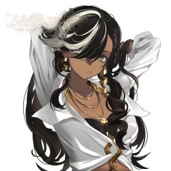 Rule 34 | 1girl, absurdres, arms behind head, arms up, artist request, black hair, black undershirt, breasts, brown eyes, centurion (reverse:1999), cleavage, closed mouth, commission, dark-skinned female, dark skin, earrings, hair over one eye, hands up, highres, jewelry, light smile, long hair, long sleeves, looking at viewer, multicolored hair, one eye covered, pendant, reverse:1999, second-party source, shirt, solo, streaked hair, upper body, watermark, white background, white hair, white shirt