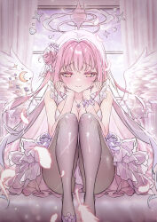 1girl absurdres bare_arms black_pantyhose blue_archive blush breasts cleavage commentary curtains dress falling_feathers feathers flower flower_necklace footwear_flower frilled_dress frills hair_bun hair_flower hair_ornament halo hands_on_own_face hands_up hibi2scus highres indoors jewelry large_breasts long_hair looking_at_viewer mika_(blue_archive) necklace on_bed pantyhose pink_hair pink_halo purple_dress purple_flower purple_shoes shoes single_hair_bun sitting smile solo white_wings window wings yellow_eyes
