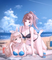 2girls alternate_costume ass bag barefoot beach beach_towel bikini black_bikini blue_bikini blue_sky book brown_hair can cloud commentary cup day drink drink_can drinking_glass drinking_straw earrings english_commentary feet_out_of_frame feet_up frilled_bikini frills front-tie_bikini_top front-tie_top full_body green_eyes hair_ornament hair_ribbon hairclip hand_in_own_hair hibike!_euphonium highres jewelry kneeling long_hair looking_at_another looking_at_viewer looking_back lying multiple_girls nakagawa_natsuki navel ocean on_stomach open_book open_mouth outdoors ponytail purple_eyes ribbon sand side-tie_bikini_bottom sky smile straddling stud_earrings swimsuit the_pose towel yoshikawa_yuuko yuzuriha_(atelier_liang)