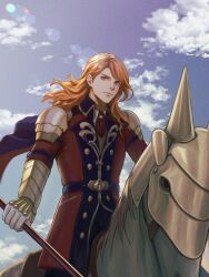 1boy armor armored_animal ascot belt belt_buckle blue_belt buckle cape cloud coat collared_coat commentary ferdinand_von_aegir ferdinand_von_aegir_(timeskip) fire_emblem fire_emblem:_three_houses floating_cape floating_hair highres holding holding_weapon horse horseback_riding looking_to_the_side male_focus mixed-language_commentary multicolored_coat nintendo orange_eyes orange_hair parted_hair pauldrons red_ascot riding shoulder_armor sideways_glance sky solo two-sided_cape two-sided_fabric weapon wing_collar wrainbow13