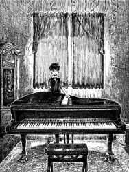 1boy carpet clock closed_mouth collared_shirt commentary copyright_name crack cracked_wall crosshatching curtains grand_piano grandfather_clock greyscale hatching_(texture) indoors instrument kabuno_(camphora) linear_hatching looking_at_viewer male_focus monochrome omori piano piano_bench serious shirt short_hair short_sleeves solo standing sunny_(omori) sweater_vest