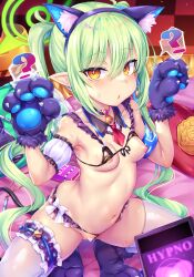1girl animal_ears bare_shoulders blue_archive blush breasts cat_ears cat_tail cellphone censored fake_animal_ears fake_tail green_hair heart heart_censor highres hypnosis loli long_hair looking_at_viewer mind_control navel nipples nozomi_(blue_archive) phone pointy_ears small_breasts spread_legs squatting tail toraishi_666 twintails very_long_hair yellow_eyes