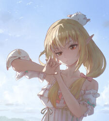 1girl :t absurdres bare_shoulders blonde_hair blue_sky breasts creature_on_head dark-skinned_female dark_skin detached_sleeves dress elf elfriend_(shiranui_flare) empire_waist frilled_dress frills highres hololive kotsubu long_hair looking_at_viewer low_twintails medium_breasts multicolored_hair official_alternate_costume official_alternate_hairstyle orange_eyes pointy_ears puffy_detached_sleeves puffy_short_sleeves puffy_sleeves raised_eyebrow shiranui_flare shiranui_flare_(loungewear) short_sleeves sidelighting sky sleeveless sleeveless_dress solo streaked_hair sunrise twintails upper_body virtual_youtuber white_dress