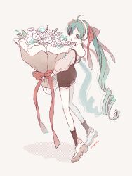 1girl absurdres ahoge artist_name bare_legs ben-day_dots blush bouquet brown_shirt brown_shoes brown_shorts brown_socks commentary double-parted_bangs earmuffs flower from_side full_body green_eyes green_hair hair_between_eyes hair_ribbon hatsune_miku highres holding holding_bouquet long_hair long_sleeves looking_at_viewer looking_to_the_side miku_day parted_lips ppptms puffy_long_sleeves puffy_sleeves raised_eyebrows red_ribbon ribbon ringlets rose screentones shadow shirt shoes shorts signature simple_background sneakers socks solo standing suspender_shorts suspenders tiptoes turning_head twintails twitter_username very_long_hair vocaloid watermark watermark_grid white_background white_flower white_rose