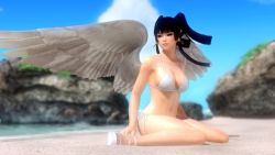 1girl 3d beach black_hair breasts dead_or_alive dead_or_alive_5 female_focus highres large_breasts long_hair nyotengu ocean official_art official_wallpaper smile solo tecmo wings