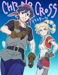 1boy 1girl bandana blonde_hair blue_eyes blue_hair breasts chrono_cross closed_mouth facial_mark gloves high_ponytail highres jewelry kid_(chrono_cross) kobayashi_chizuru long_hair looking_at_viewer medium_breasts midriff multi-tied_hair necklace ponytail red_bandana serge_(chrono_cross) shirt skirt smile vest