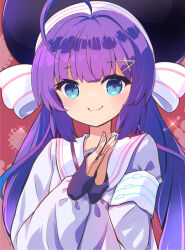 Rule 34 | 1girl, ahoge, animal hat, armband, black hat, blue eyes, blunt bangs, closed mouth, eel hat, gradient hair, hair between eyes, hair ornament, hairclip, halftone, halftone background, hat, hat ribbon, highres, large hat, long hair, long sleeves, looking at viewer, low twintails, mitsugushi yuu, multicolored hair, nail polish, no eyewear, otomachi una, otomachi una (voicepeak), palms together, puffy long sleeves, puffy sleeves, purple hair, purple nails, purple shirt, red background, ribbon, sailor collar, sailor jacket, shirt, shoulder strap, smile, solo, sparkle, talkex, twintails, upper body, variant set, very long hair, voicepeak, white armband, white ribbon, white sailor collar