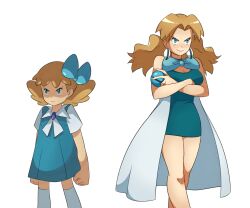 1girl aged_up blue_bow blue_bowtie blue_eyes blue_socks bow bowtie breasts cape cleavage commentary crossed_arms dress english_commentary hair_bow highres holding holding_poke_ball large_breasts light_frown molly_hale nintendo poke_ball pokemon pokemon_(anime) pokemon_(classic_anime) pokemon_3:_the_movie_-_spell_of_the_unown:_entei rizwan_rafiq scowl shaded_face smile socks twintails