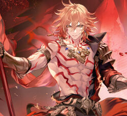 1boy abs arm_tattoo armlet armor bare_pectorals black_coat blonde_hair braid chest_tattoo clawed_gauntlets coat commentary darkavey earrings english_commentary facial_tattoo gold_earrings gold_necklace gradient_hair hair_between_eyes holding holding_polearm holding_weapon honkai:_star_rail honkai_(series) jewelry male_focus medium_hair multicolored_hair mydei_(honkai:_star_rail) necklace open_clothes open_coat pauldrons pectorals polearm red_hair red_tattoo shoulder_armor side_braid single_pauldron solo tattoo toned toned_male weapon yellow_eyes