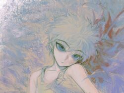 Rule 34 | 1boy, bare shoulders, blue eyes, closed mouth, collarbone, commentary, gelb, grey hair, grey tank top, grey theme, head on own shoulder, highres, hunter x hunter, killua zoldyck, looking at viewer, male focus, sanpaku, short hair, solo, tank top, upper body
