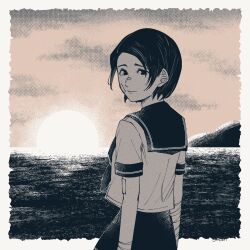 1girl bandage_on_face bandaged_arm bandages bandaid bandaid_on_face bandaid_on_nose commentary_request cropped_legs crying crying_with_eyes_open dawn from_behind highres kirie_minami light_smile limited_palette looking_at_viewer looking_back medium_hair mountain ocean sabi_(6535841) school_uniform sepia single_tear skirt sky smile solo sun tears world_of_horror