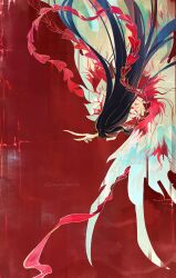 1boy black_hair blood e.g.o_(project_moon) eastern_dragon_horns falling hagoromo highres hong_lu_(project_moon) limbus_company long_hair mugglesix open_mouth project_moon red_background robe shawl simple_background solo tears_of_the_tarnished_blood_(e.g.o) very_long_hair white_robe white_wings wings