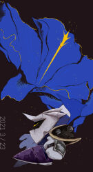 93mai armor blue_cape blue_flower cape closed_eyes cracked_mask dated flower gloves highres kirby_(series) meta_knight nintendo no_humans pauldrons sabaton shoulder_armor solo white_gloves