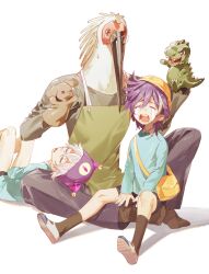 3boys aged_down animal_puppet apron bag banzoin_hakka bird_boy black_socks blue_shirt character_hat child crested_ibis crying furry furry_male gavis_bettel glasses hand_puppet hat head_on_another&#039;s_leg highres holostars holostars_english kindergarten_bag kindergarten_uniform knee_up lying lynnear male_focus multiple_boys no_shoes phantom_(gavis_bettel) puppet purple_hair school_hat shirt single_hair_streak sitting sitting_on_leg socks streaming_tears tears tokimane virtual_youtuber white_hair