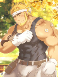 Rule 34 | 1boy, affectionate, bara, beard, belt, black tank top, blonde hair, bulge, character request, closed eyes, cowboy shot, cyborg, facial hair, full beard, gloves, headband, large pectorals, live a hero, male focus, mature male, mechanic, muscular, muscular male, pectoral cleavage, pectorals, short hair, solo, standing, sunfight0201, tank top, thick beard, white headband