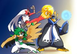 animal_focus arrow_(projectile) ban_(ban62460424) beak bird blaziken blue_eyes chicken claws colored_sclera creatures_(company) decidueye empoleon energy_ball furry game_freak gen_3_pokemon gen_4_pokemon gen_7_pokemon nintendo orange_eyes owl penguin pokemon pokemon_(creature) pokemon_dppt pokemon_oras pokemon_rse pokemon_sm rooster trait_connection water wings yellow_sclera