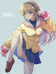 Rule 34 | 1girl, akayama yukihe, black hairband, blue background, blue eyes, blue skirt, blush, breasts, brown shoes, character name, clannad, clenched hands, closed mouth, commentary request, cowboy shot, eyes visible through hair, feet out of frame, floating hair, hair between eyes, hairband, hand up, highres, jacket, light brown hair, loafers, long hair, long sleeves, looking afar, medium breasts, miniskirt, panties, panty peek, pleated skirt, sailor collar, sakagami tomoyo, school uniform, serafuku, shoes, sidelocks, simple background, skirt, smile, smug, solo, standing, standing on one leg, straight hair, thighs, underwear, white panties, white sailor collar, yellow jacket