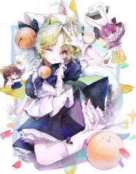 3girls 3n_(artist) animal_ears animal_hat apron black_dress cat_hat cat_tail chibi dejiko di_gi_charat dice_hair_ornament dress gema gloves hair_ornament hat highres kneeling multiple_girls one_eye_closed open_mouth puchiko rabbit_ears tail usada_hikaru v white_apron white_gloves