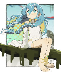 1girl 37_(down_in_the_grotto)_(reverse:1999) 37_(reverse:1999) anklet bare_shoulders barefoot blue_hair blue_sky blurry blurry_background cape daku_k deformed detached_sleeves floating_hair full_body hair_ornament halftone halftone_background highres jewelry long_hair looking_up official_alternate_costume on_branch one-piece_swimsuit outside_border reverse:1999 sitting sitting_on_branch sky smile solo swimsuit turning_head very_long_hair white_background white_cape white_one-piece_swimsuit white_sleeves