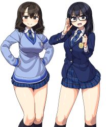 2girls :d adjusting_eyewear black_hair blue_jacket blue_necktie breasts brown_eyes brown_hair commentary_request curly_hair glasses hair_between_eyes hand_up hands_on_own_hips highres jacket kneehighs large_breasts legs long_sleeves looking_at_viewer maruput medium_breasts miniskirt multiple_girls necktie open_mouth original pleated_skirt pointing pointing_at_viewer purple_eyes school_uniform skirt sleeves_past_wrists smile socks sweater
