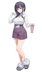 1girl absurdres black_hair blush breasts cup full_body glass glasses green_nails grey_shoes highres holding holding_cup holding_removed_eyewear iltusa jewelry long_sleeves looking_at_viewer mole mole_under_eye necklace nextopia official_art orange_eyes purple_shorts shirt shoes shorts simple_background sleeves_past_wrists solo standing striped_clothes striped_shirt tachi-e tamayura_tsuduri toes transparent_background unworn_eyewear vertical-striped_clothes vertical-striped_shirt virtual_youtuber white_shirt