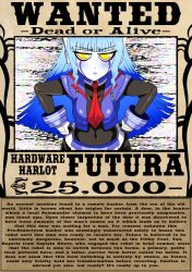 1girl angry blue_hair english_text futura_(mhfap) highres mhfap monster_girl poster punishedkom robot wall_of_text wanted_poster yellow_eyes