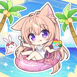 Rule 34 | 1girl, :p, animal ear fluff, animal ears, bare arms, bare legs, bare shoulders, barefoot, blue sky, blush, brown hair, chibi, closed mouth, cloud, commentary request, cup, day, disposable cup, food, fox ears, fox girl, fox tail, hair between eyes, holding, holding cup, holding spoon, horizon, innertube, long hair, looking at viewer, mito mashiro, ocean, one-piece swimsuit, outline, palm tree, plastic spoon, purple eyes, ryuuka sane, shaved ice, sky, smile, soles, solo, spoon, swim ring, swimsuit, tail, tayutama, tongue, tongue out, transparent, tree, very long hair, water, white one-piece swimsuit, white outline