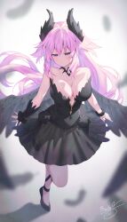 1girl ballerina bare_shoulders binato_lulu black_dress black_shoes black_wings blush breasts choujigen_game_neptune commentary dress english_commentary feathered_wings feathers hair_between_eyes highres large_breasts long_hair looking_down neptune_(neptunia) neptune_(series) pink_eyes pink_hair shoes signature solo thighs wings