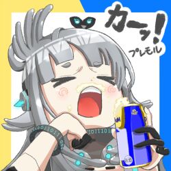 1girl alcohol and_uge beer beer_can binary blunt_bangs blush can closed_eyes commentary_request cut_bangs drink_can finger_cots foam_mustache grey_hair hairpods long_hair nanashi_inc. open_mouth sanshoku_dango_(miiroillust) solo thick_eyebrows translation_request upper_body virtual_youtuber white_background winding_key wristband yawning