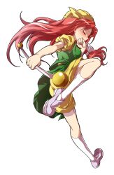 1girl alphes_(style) ass bare_arms blush closed_mouth commentary_request dairi floating_hair from_side full_body hair_ribbon hat holding kneehighs large_variant_set leg_up loafers long_hair orange_(touhou) parody puffy_short_sleeves puffy_sleeves red_hair ribbon shirt shoes short_sleeves shorts socks solo standing standing_on_one_leg style_parody touhou touhou_(pc-98) transparent_background twirl_baton variant_set white_ribbon white_socks yellow_hat yellow_shirt yellow_shorts