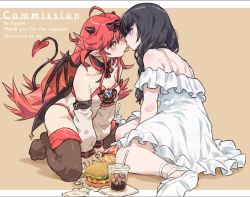 2girls black_hair black_thighhighs burger cola demon_girl food m_k mahiru_(virtuareal) mcdonald&#039;s miki_(virtuareal) multiple_girls nijisanji purple_eyes red_hair shared_food thighhighs virtual_youtuber virtuareal yuri